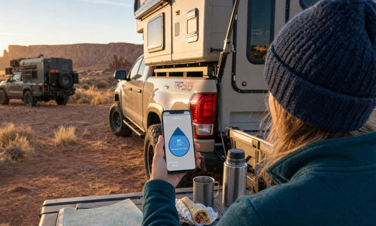 Traveler using an RV water tank gauge app to check fresh water levels during a fall camping trip.