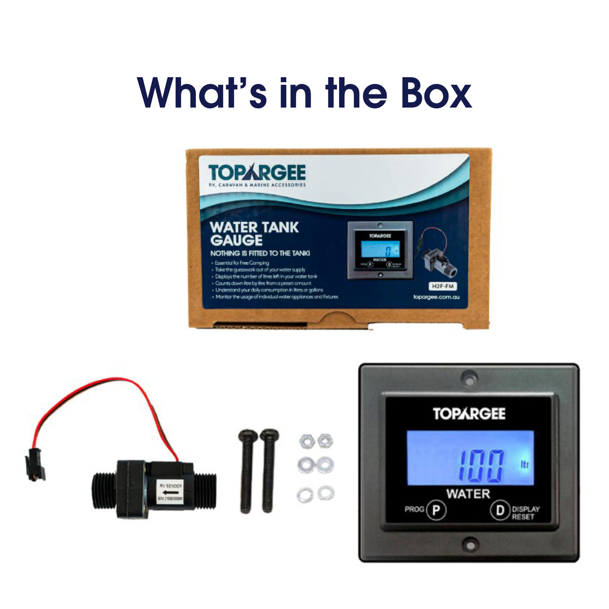 What's in the box — Topargee Flush Mount Water Tank Gauge kit contents including gauge sender and fittings
