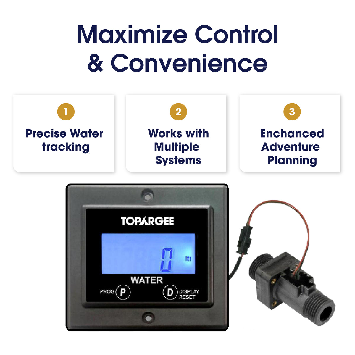 Topargee Flush Mount Water Tank Gauge display showing maximize control and convenience features