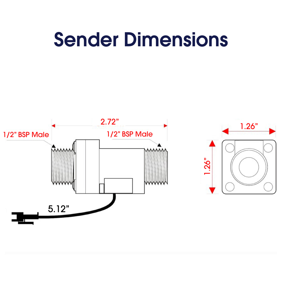 Technical dimension diagram labeled 'Sender Dimensions' showing a small electronic sender component with threaded BSP male connectors, a wire lead, and a square face view with red measurement annotations.