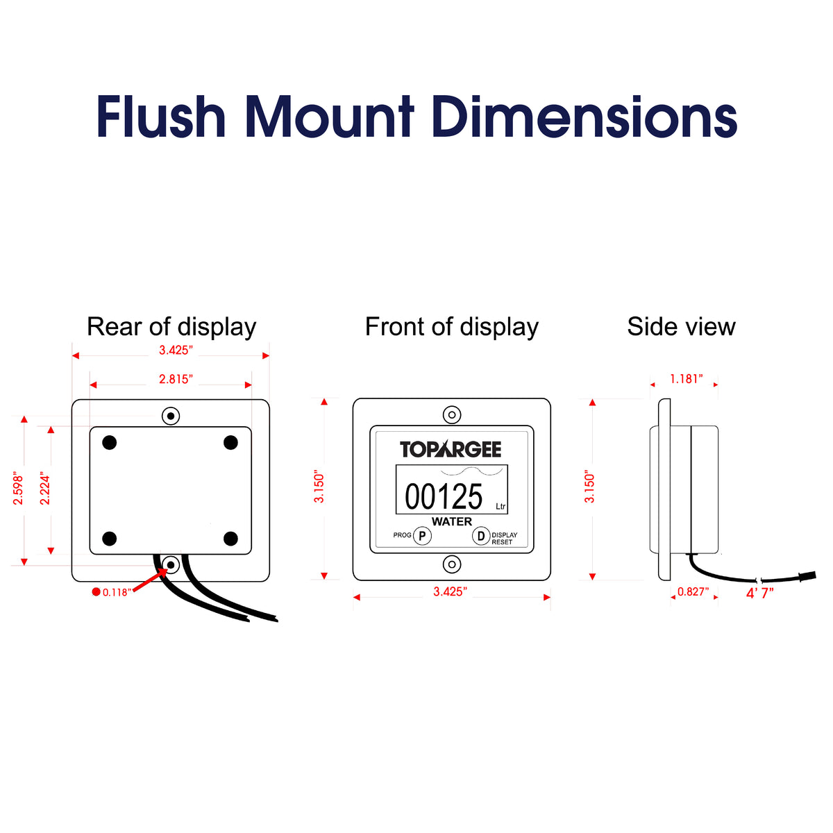 Flush mount dimensions diagram for a TOPARGEE Flush Mount Water Tank Gauge, showing front, rear, and side views with red dimension lines and text on a white background.