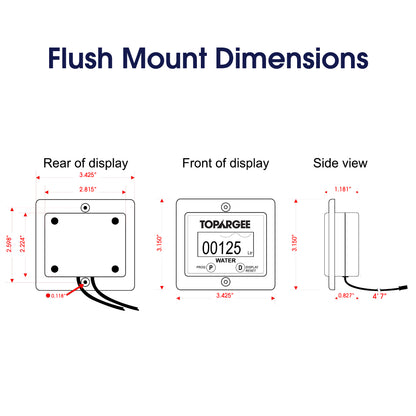 Flush mount dimensions diagram for a TOPARGEE Flush Mount Water Tank Gauge, showing front, rear, and side views with red dimension lines and text on a white background.