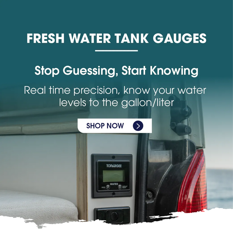 A Torangee fresh water tank gauge shown installed on the side of a vehicle, with large promotional text above reading 'FRESH WATER TANK GAUGES' and a 'SHOP NOW' button on a teal background.